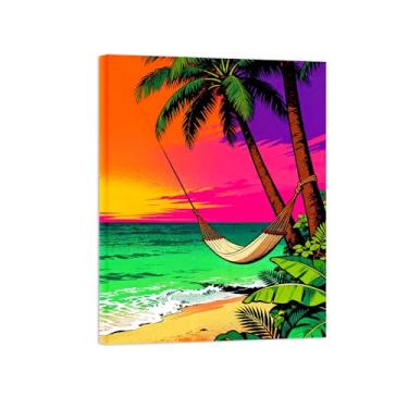 Imagem de Quadro moderno em tela sol praia palmeira mar Imagem colorida para decoração sala de estar estampa paisagem pronta para pendurar 30x40cm12x16in