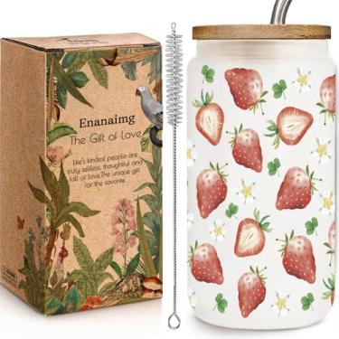 Imagem de Copo de morango fofo de 473 ml, copos de vidro com tampas e canudos, presente para mulheres, chávenas de café gelado de morango, presente para amigas, aniversário, formatura, ideia de beber copo de