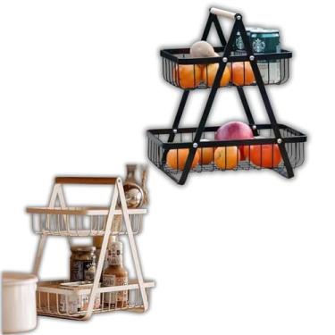 Imagem de Fruteira Organizadora 2 Andares em Metal e Madeira, Design Industrial, Cestos Aramados para Cozinha e Bancada, Porta Frutas Temperos Cosméticos, Preto ou Branco, 32x20x26cm