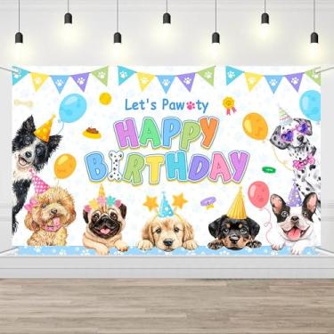 Imagem de AIBIIN Decoração de aniversário de cachorro, faixa azul para festa de aniversário Let's Pawty Dogs, pano de fundo para fotos de aniversário para ambientes internos e externos, 179 x 110 cm