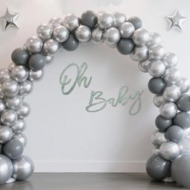 Imagem de Placa Oh Baby para pano de fundo – Placa de espuma de glitter prata reutilizável para chá de bebê, menino, menina, faixa de festa reveladora de gênero, balão e arco fotográfico (prata geladeira)