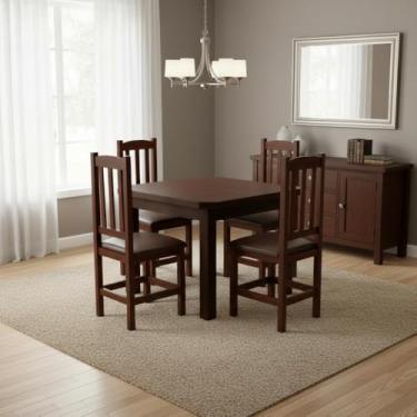 Imagem de Kit Mesa e 4 Cadeiras com Estofado Marrom 88cm Madeira Maciça Castanho