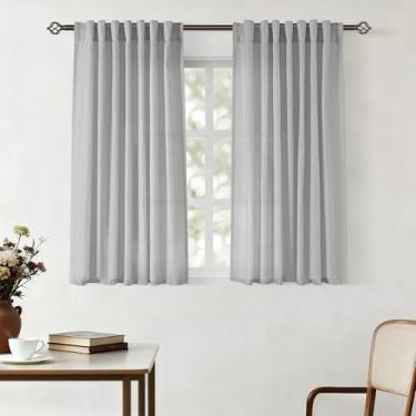 Imagem de Cortinas cinza de mistura de linho para sala de estar, aba traseira, moderna, quinta, semitransparentes, cinza claro, conjunto de 2 painéis, cortina de janela com textura de algodão neutro suave para