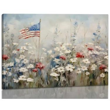 Imagem de Arte de parede em tela patriótica emoldurada vintage bandeira americana impressão em tela arte arte arte de parede de flores silvestres para decoração de casa (C, 16 x 24 polegadas (40 x 60 cm