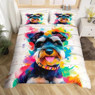 Imagem de Castle Fairy Schnauzer Conjunto de cama Queen, capa de edredom colorida em aquarela com 2 fronhas para adolescentes e adultos, 3 peças de capa decorativa para cama (sem edredom)