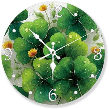 Imagem de ubcindy Relógio de parede Lucky Four Clover silencioso sem tique-taque de 30,5 cm, operado por bateria, relógio de parede redondo de madeira trevo verde de Dia de São Patrício, decorativo para sala de