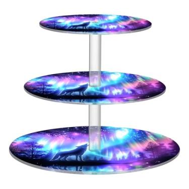 Imagem de Blueangle Suporte redondo de cupcake de 3 camadas – Torre de sobremesa de acrílico Aurora Boreal Lobo, suporte de sobremesa em camadas antiderrapante para chá de bebê, aniversário, festa de casamento
