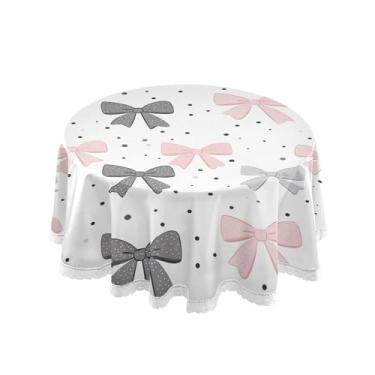 Imagem de SEHANY Toalha de mesa redonda com laço rosa de 152 cm, tecido lavável sem rugas, toalha de mesa decorativa de renda para restaurante, casamento, acampamento, festa de cinco de maio