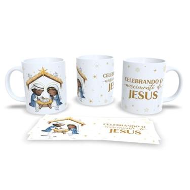Imagem de Caneca Natalina com Presépio, Jesus O Verdadeiro Sentido do Natal, Cerâmica Branca, Decoração Religiosa com Arte Dourada, 325ml (23173)