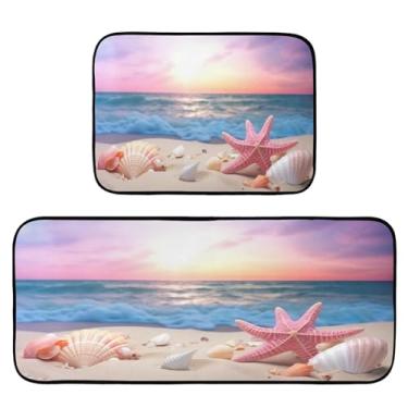 Imagem de Wassud Conjunto de 2 tapetes e tapetes de cozinha estrela-do-mar e conchas, à prova d'água, antiderrapantes para cozinha, corredor, escritório, pia, lavanderia
