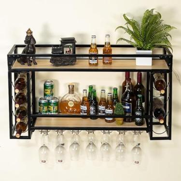 Imagem de GKPSSURV Rack de vinho montado na parede, com suporte para copo de vinho, suporte de armazenamento de vinho com cabide, suporte de exibição de garrafa de vinho de ferro, prateleiras de bar para casa