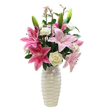 Imagem de LMJYU Conjunto de flores artificiais com vaso de orquídea lindo e realista com vaso de flores de cerâmica, simulação de plantas falsas, arranjo em vaso (C)