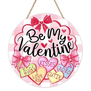 Imagem de Bolisom Placa para porta da frente do Dia dos Namorados, Be My Valentine, coração fofo, laço rosa, cabide de madeira, varanda, decoração de casa, guirlanda de madeira para aniversário romântico