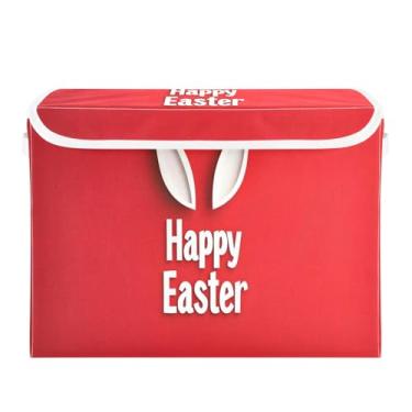Imagem de Wassud Cestas de armazenamento de Natal com tampas Happy Easter Coelho branco caixas dobráveis de tecido empilhável cestas de linho recipiente organizador de armário 42 x 32 x 30 cm