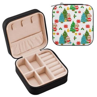 Imagem de Wassud Árvore de Natal com ursos fofos, estojo de joias de viagem para mulheres, meninas, senhoras, noiva, mini organizador de joias de couro PU, caixa quadrada de armazenamento de joias para brincos