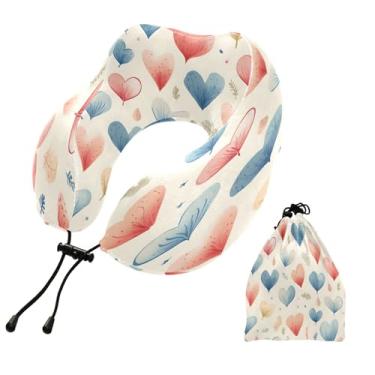 Imagem de CEBUGI Travesseiros de viagem portáteis em forma de U, travesseiro de pescoço de espuma viscoelástica com trava de corda ajustável para avião, viagem, trem, negócios, escritório, soneca (corações do