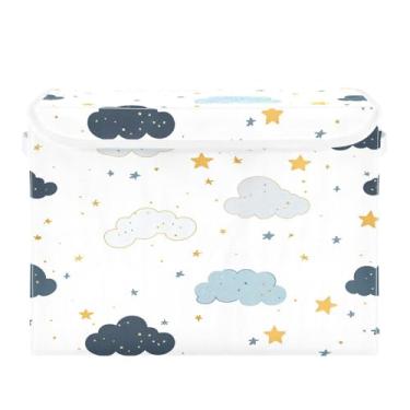 Imagem de Wassud Cestos de armazenamento dobráveis com tampas, estrelas e nuvens, cestas organizadoras de tecido dobrável para armário, casa e decoração sazonal 41,5 x 32,5 x 39,5 cm x 29,5 cm