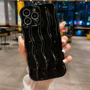Imagem de Capa de telefone com moldura ondulada encaracolada projetada para iPhone 15 Pro, linda estampa de ondulação de água, TPU macio, ajuste fino, capa traseira para mulheres e meninas, preta