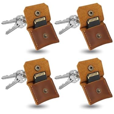 Imagem de Jack&Chris Chaveiro de couro genuíno com porta-cartão SD, antichoque, antipoeira, acessórios de câmera portáteis para cartões SD CF CFexpress Micro SD Nano SIM e Micro SIM, marrom escuro, pacote com 4
