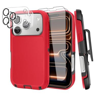 Imagem de Capa para iPhone 17 Pro (6,3 polegadas), com clipe de cinto e 2 protetores de tela + 2 lentes de câmera, resistente e durável, proteção contra quedas à prova de choque de grau militar, com suporte