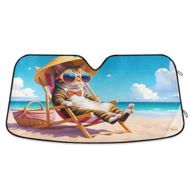 Imagem de Qilmy Para-brisa de carro, protetor de viseira dobrável para férias de gato na praia, mantém fresco, bloqueia raios UV e acessórios para proteger carros, SUVs, caminhões-(L) 1124