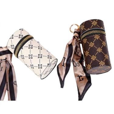 Imagem de WALWAL Mini estojo de batom organizador de cosméticos com chaveiro porta-moedas floral vintage (marrom + branco)