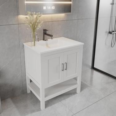 Imagem de Vaidade de banho de grau premium de madeira maciça branca independente de 61 cm com prateleira aberta armário de base para pia sem tampo (Monterey branco, 61 cm L x 21 P x 34,5 A)