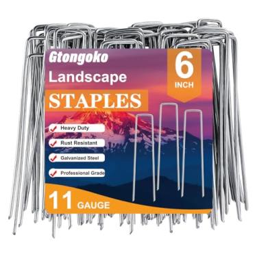Imagem de Gtongoko Grampos de paisagem galvanizados de 15 cm, pacote com 100, calibre 11, pinos de grama, antiferrugem, estacas de quintal para tecido de barreira de ervas daninhas