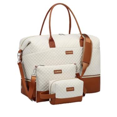 Imagem de CLOKARS Bolsa de viagem feminina, bolsa de fim de semana com bolsa transversal e bolsa de higiene pessoal, Marrom bege - 2, Medium, Bolsa de viagem de fim de semana