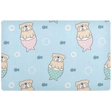 Imagem de TSENQUE Tapete de porta personalizado buldogue sereia azul celeste engraçado tapete impermeável para cães, tapetes de entrada hilariantes laváveis para dentro de casa 81 x 50 cm