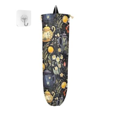 Imagem de Bules e flores em suporte de sacola de compras cinza escuro, organizador de saco de armazenamento de cozinha, suporte de sacola de compras para sacolas plásticas