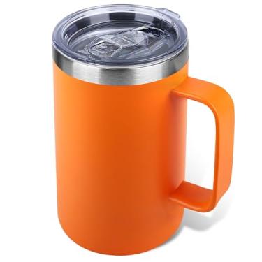 Imagem de Zynkify Caneca de café isolada de 623 g com alça e tampa à prova de vazamento - Copo de viagem de aço inoxidável de parede dupla para deslocamento/escritório/casa, laranja, 1 pacote