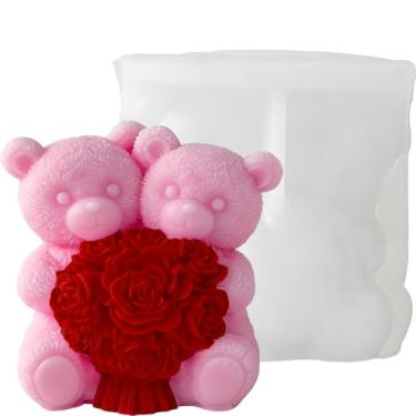 Imagem de Moldes de vela de silicone de urso rosa 3D, moldes de vela de urso de pelúcia para casal, moldes de silicone, moldes de silicone de cera de resina epóxi para artesanato faça você mesmo, sabonete