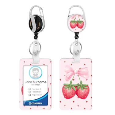Imagem de Porta-crachá de identificação de laço fofo de morango com molinete retrátil resistente, chaveiro, cartão de identificação para mulheres, professores, enfermeiros, médicos, estudantes, escritório
