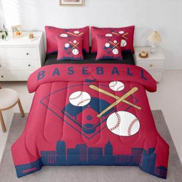 Imagem de Erosebridal Jogo de cama casal com 7 peças, beisebol, esportes, softball, para crianças, meninos, jovens, homens, decoração de quarto, moderno, vermelho, Cleveland