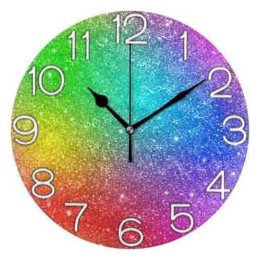 Imagem de Relógio de parede analógico decorativo divertido alimentado por bateria relógio de cozinha rústico, sala de estar, decoração de parede moderna, textura arco-íris colorido, 25 cm, ponteiros pretos