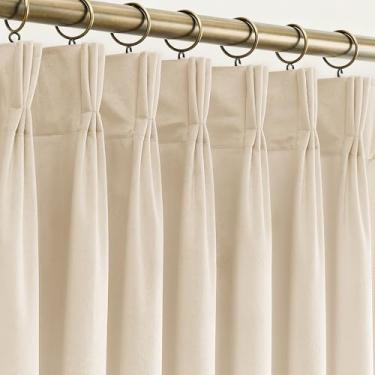 Imagem de Cortinas plissadas de veludo creme triplo 213 cm de comprimento cortina escurecimento para sala de estar neutra moderna casa de fazenda painel de cortina de veludo com filtro de luz pesada grossa para