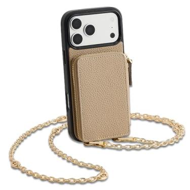 Imagem de ZVE Capa carteira para iPhone 17 Pro com corrente transversal, porta-cartões de couro com alça de pulso 16 cm cinza-acastanhado