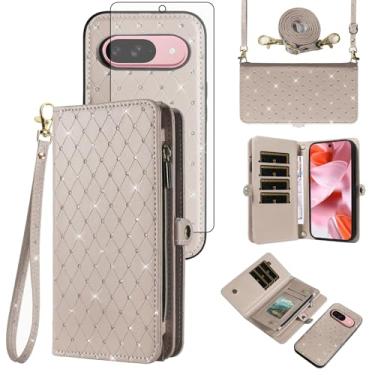 Imagem de Asuwish Capa de celular para Google Pixel 9/9 Pro 5G com zíper carteira destacável com protetor de tela de vidro temperado alça transversal com glitter flip porta-cartões slot Pixel9 9Pro Nove