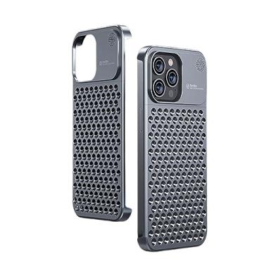 Imagem de SNIDII Capa de telefone de aromaterapia para iPhone 14 Pro Max Plus com malha de metal de liga de alumínio, capa respirável antiarranhões e antiqueda (cinza para iPhone 14Plus(6,7)
