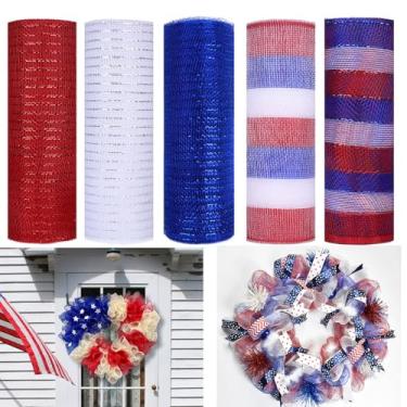 Imagem de JStnana 5 rolos de fita de malha patriótica para grinalda, 25,4 cm x 7,6 m por rolo, rolos de malha decorativa de folha metálica decorativa, vermelha, branca e azul, para decoração de festa do Dia da
