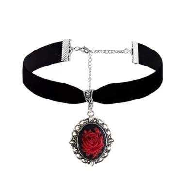 Imagem de Colar gargantilha de veludo preto com flor de rosa vermelha para mulheres, gótico, vintage, vitoriano, oval, camafeu, colar com pingente de declaração, sexy, punk, bruxa, vampiro, pescoço, joias