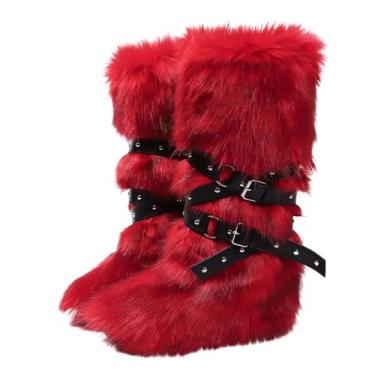 Imagem de Botas de neve femininas modernas, casuais, de salto plano, cano alto, quente, inverno, cano longo, picante, alça, plus de veludo, cabeça redonda, cano médio, Vermelho, 15