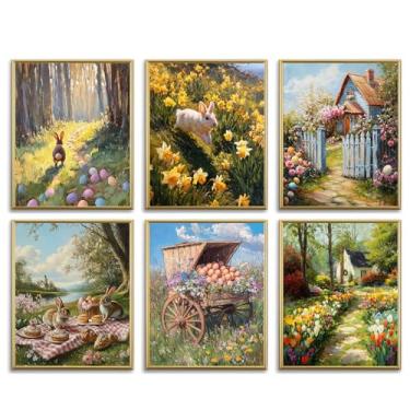 Imagem de WINDVALE Impressões de arte de parede de Páscoa - Coelhinho ovo flores primavera impressão de postes de arte de fazenda - Estética colorida primavera decoração de parede para casa galeria sala de