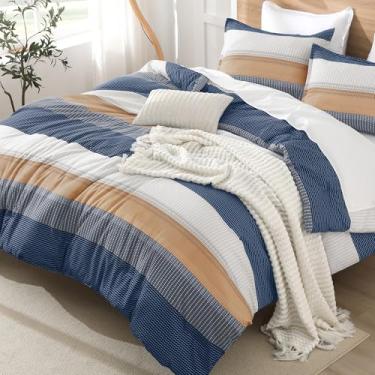 Imagem de Litanika Conjunto de edredom King Size azul e laranja - conjunto de cama leve com listras coloridas e fofas, conjunto de cama para todas as estações