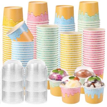 Imagem de Jingmore Copos de papel de sorvete de 100 unidades com tampas transparentes sem furos, copos de sobremesa descartáveis a granel, tigelas de sobremesa, recipientes de sudae para lanche, sopa de iogurte