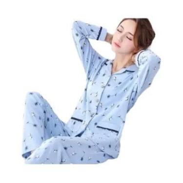 Imagem de Pijamas De Algodão Para Mulheres Em Tamanho Grande, Conjunto De Camisa