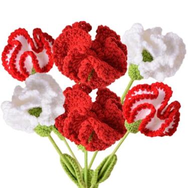 Imagem de Xuoxeji 6 buquê de flores de crochê feito à mão, cravos completos, buquê de flores artificiais de cravo, buquê de casamento (vermelho)