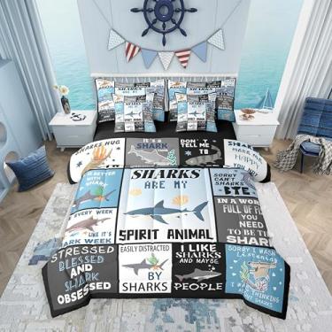 Imagem de Feelyou Conjunto de edredom com 7 peças, lençol de casal com estampa de tubarões e animais marinhos, respirável, microfibra macia e respirável