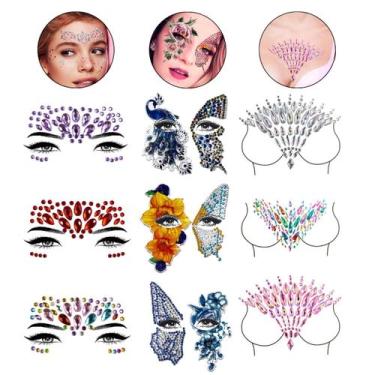 Imagem de Kit 9 Adesivos Pedraria Strass Colorido Colo Rosto Carnaval Haloween F